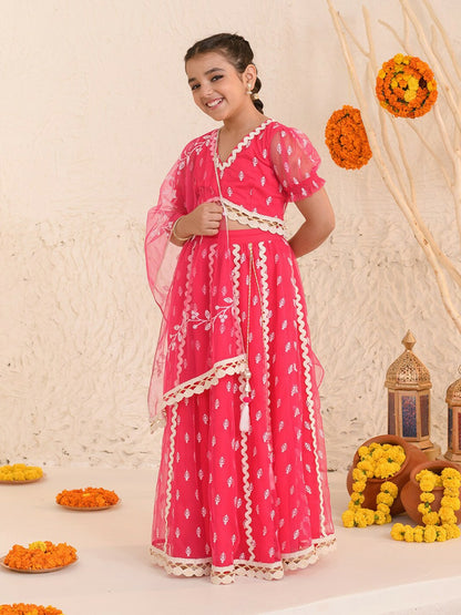 Buy Girls Embroidered Thread Work Lehenga Choli with Dupatta – Pink & White | Indiaista