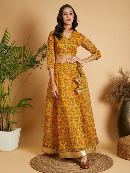 Handmade Mustard, Green & Red Floral Printed Lehenga Choli – Bollywood Bridal, Wedding & Bridesmaid Wear | Indiaista