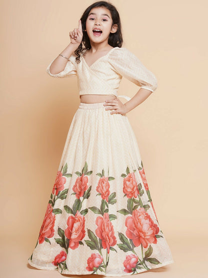 Buy Girls Floral Printed Ready to Wear Lehenga Choli - Beige & Red | Indiaista