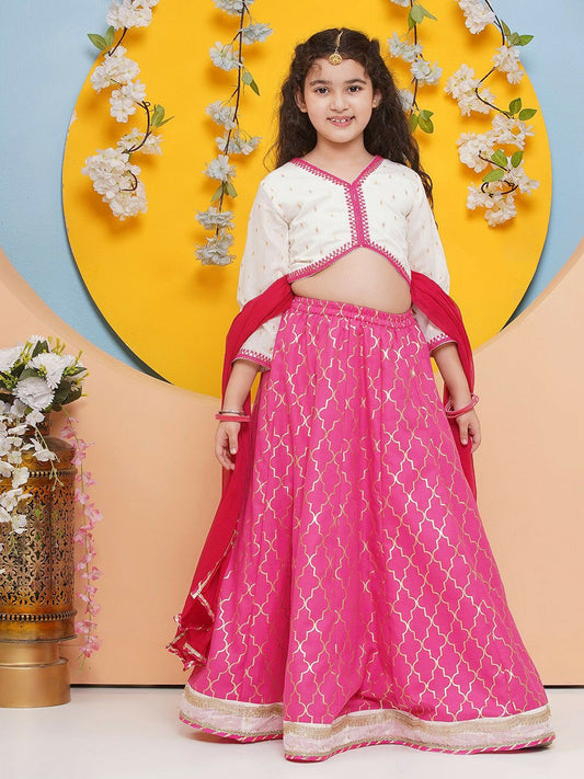 Buy Girls Floral Embroidered Cotton Lehenga Choli with Dupatta – Pink | Indiaista