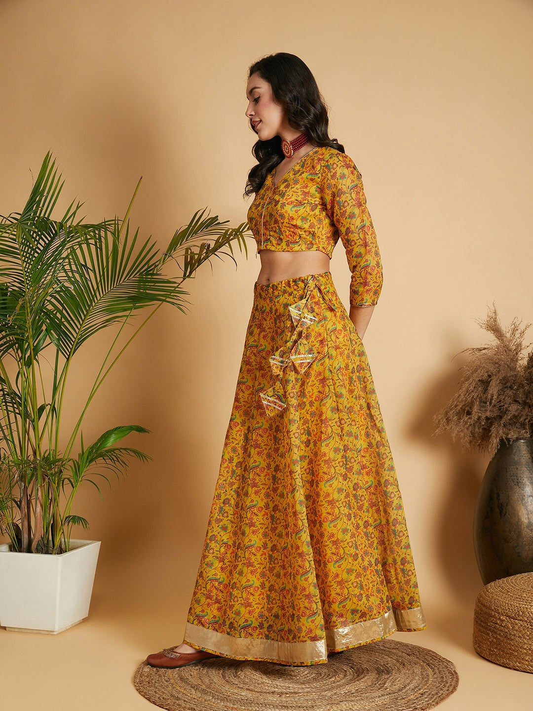 Handmade Mustard, Green & Red Floral Printed Lehenga Choli – Bollywood Bridal, Wedding & Bridesmaid Wear | Indiaista