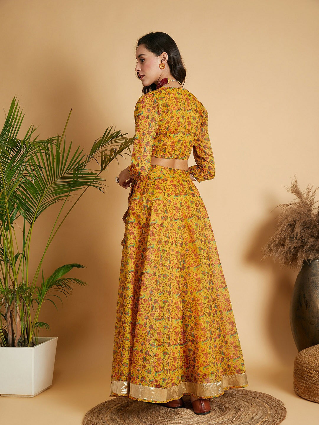 Handmade Mustard, Green & Red Floral Printed Lehenga Choli – Bollywood Bridal, Wedding & Bridesmaid Wear | Indiaista