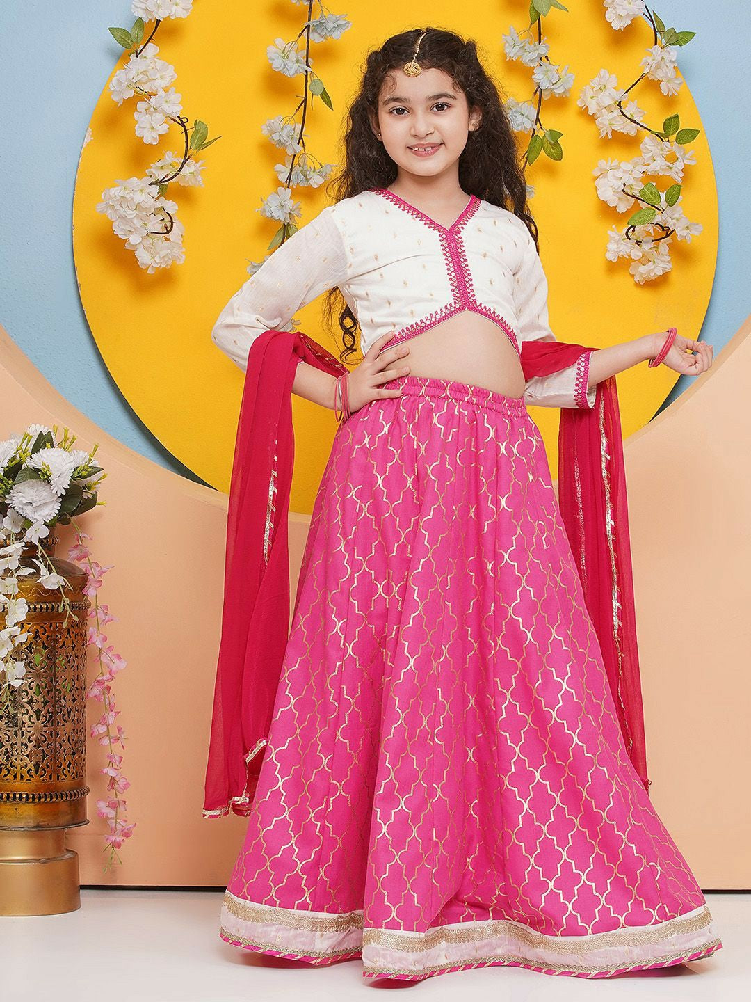 Buy Girls Floral Embroidered Cotton Lehenga Choli with Dupatta – Pink | Indiaista