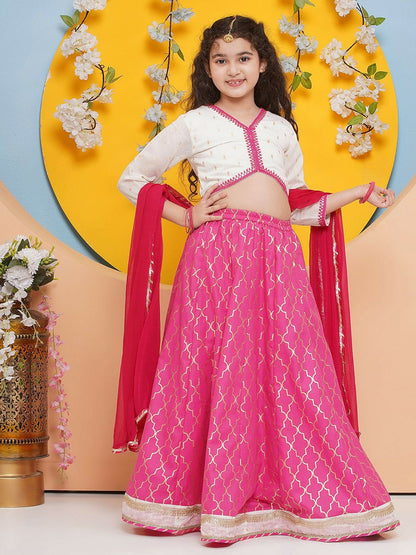 Buy Girls Floral Embroidered Cotton Lehenga Choli with Dupatta – Pink | Indiaista