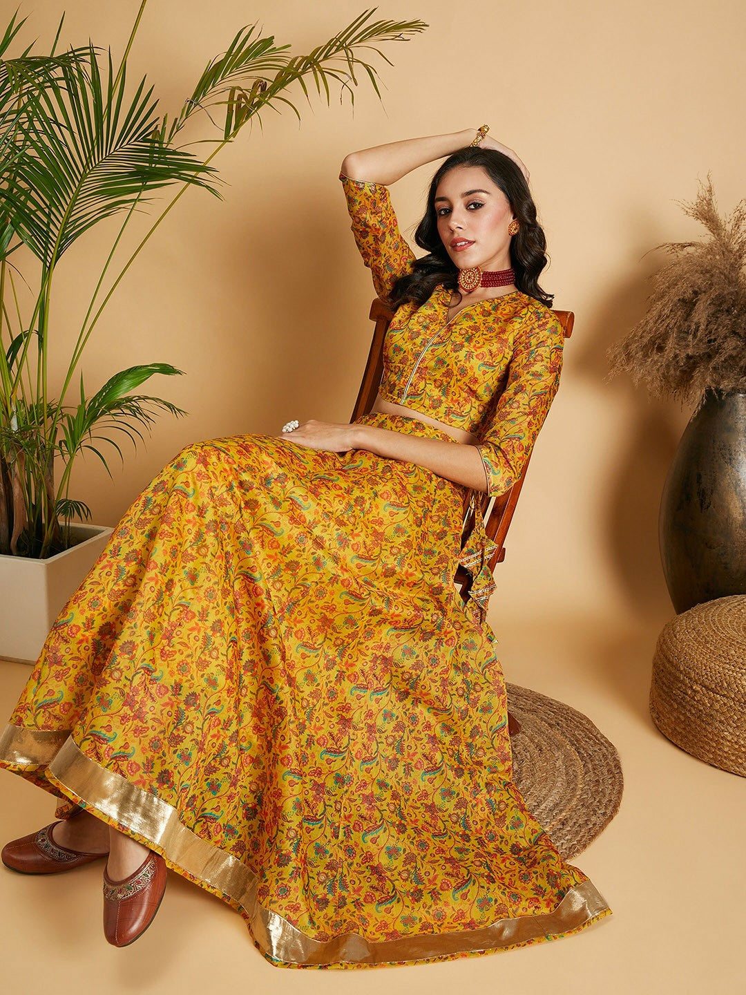 Handmade Mustard, Green & Red Floral Printed Lehenga Choli – Bollywood Bridal, Wedding & Bridesmaid Wear | Indiaista