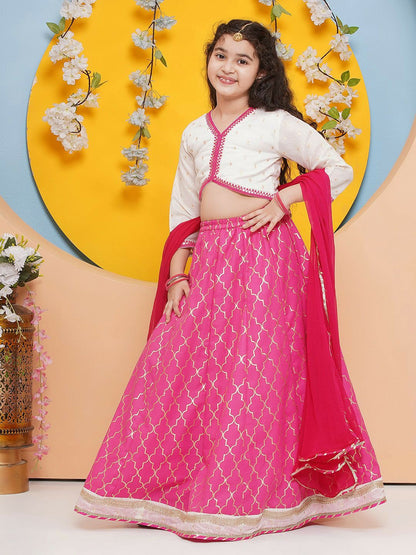 Buy Girls Floral Embroidered Cotton Lehenga Choli with Dupatta – Pink | Indiaista