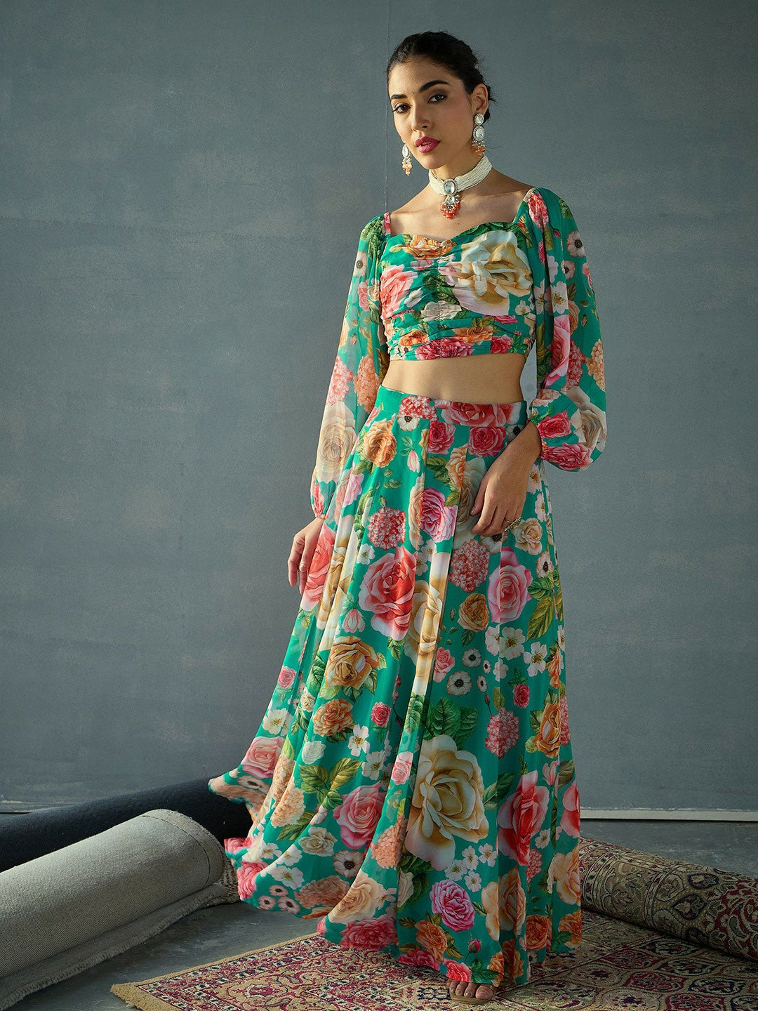 Green & Pink Printed Lehenga Choli with Dupatta – Bollywood Bridal, Wedding & Bridesmaid Wear | Handmade Indian Pakistani Outfit | Indiaista