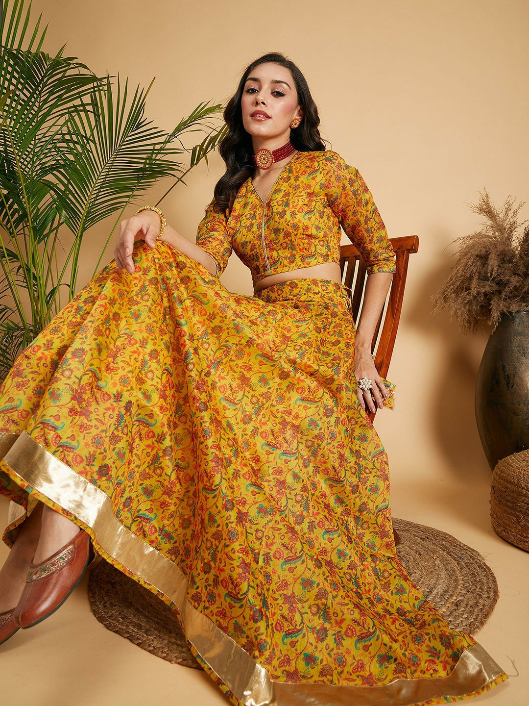 Handmade Mustard, Green & Red Floral Printed Lehenga Choli – Bollywood Bridal, Wedding & Bridesmaid Wear | Indiaista