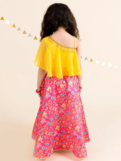 Girls Coral & Yellow Ready-to-Wear Lehenga Choli – Elegant Ethnic Wear | Indiaista