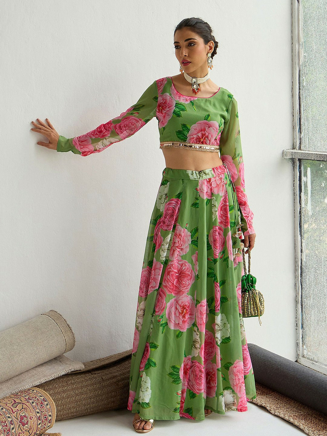 Green & Pink Printed Sequinned Lehenga Choli – Bollywood Bridal, Bridesmaid & Wedding Wear | Handmade Indian Pakistani Outfit | Indiaista