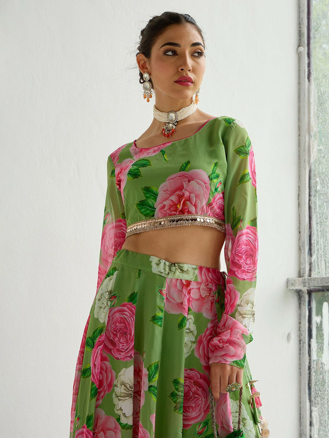 Green & Pink Printed Sequinned Lehenga Choli – Bollywood Bridal, Bridesmaid & Wedding Wear | Handmade Indian Pakistani Outfit | Indiaista