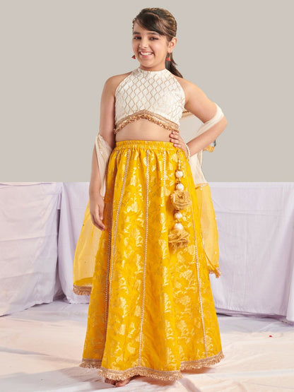 Buy Girls Yellow & White Printed Lehenga Choli with Dupatta – Ready to Wear | Indiaista