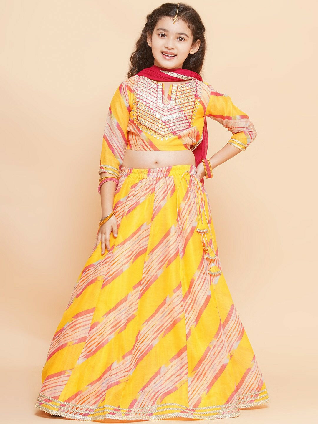 Buy Girls Embroidered Yellow & Fuchsia Lehenga Choli with Dupatta – Indiaista