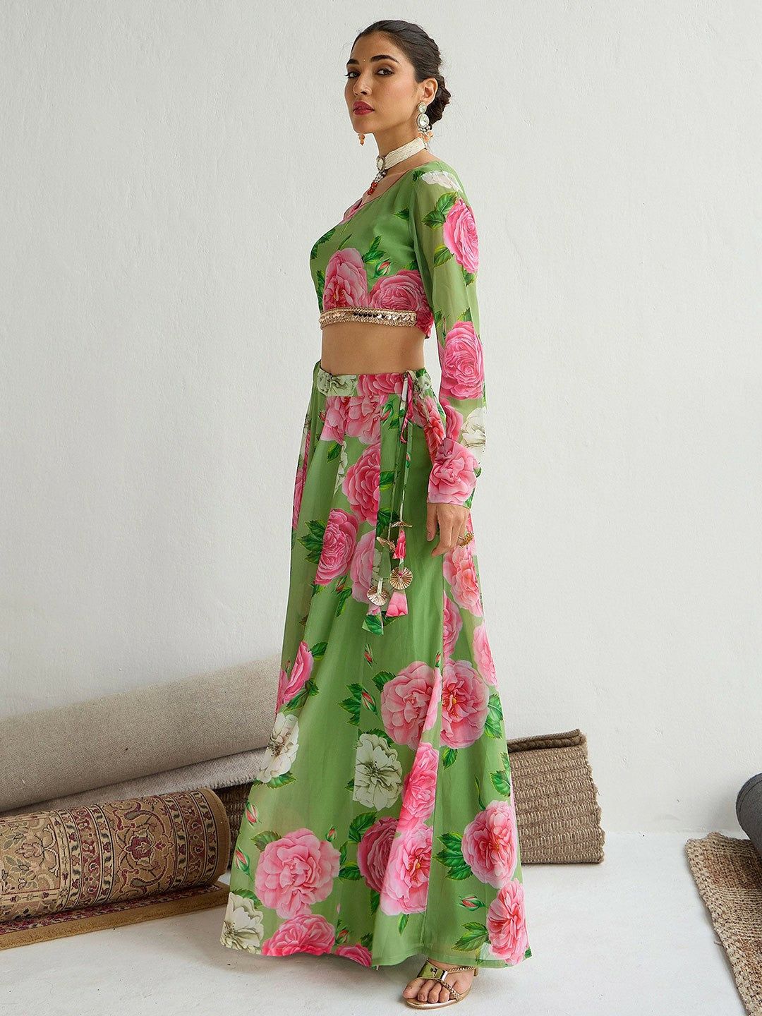 Green & Pink Printed Sequinned Lehenga Choli – Bollywood Bridal, Bridesmaid & Wedding Wear | Handmade Indian Pakistani Outfit | Indiaista