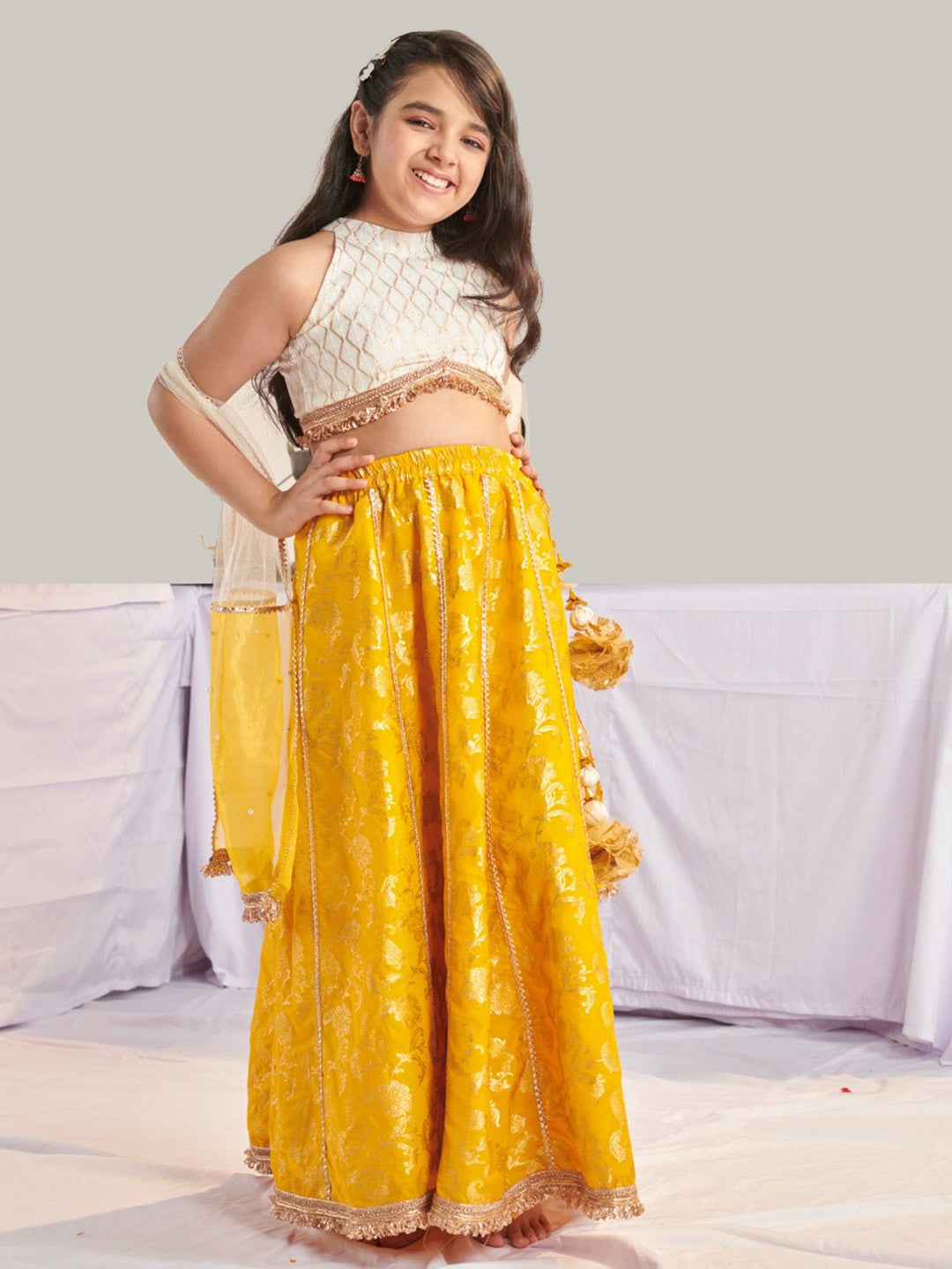 Buy Girls Yellow & White Printed Lehenga Choli with Dupatta – Ready to Wear | Indiaista