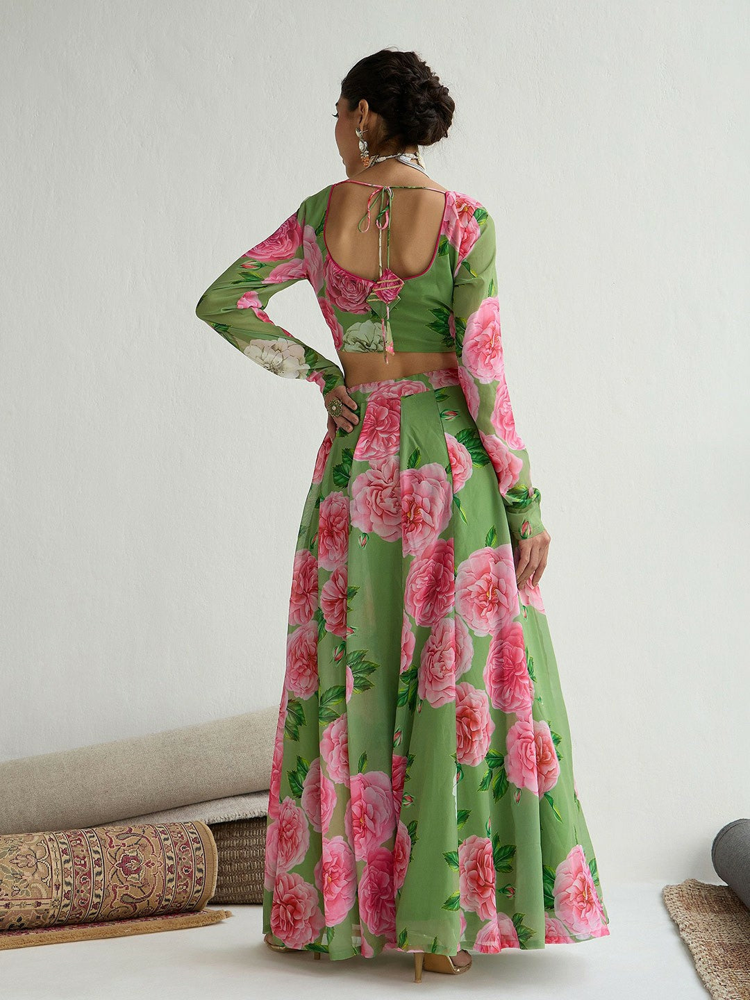 Green & Pink Printed Sequinned Lehenga Choli – Bollywood Bridal, Bridesmaid & Wedding Wear | Handmade Indian Pakistani Outfit | Indiaista