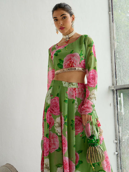 Green & Pink Printed Sequinned Lehenga Choli – Bollywood Bridal, Bridesmaid & Wedding Wear | Handmade Indian Pakistani Outfit | Indiaista