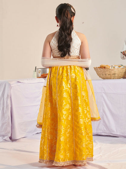 Buy Girls Yellow & White Printed Lehenga Choli with Dupatta – Ready to Wear | Indiaista