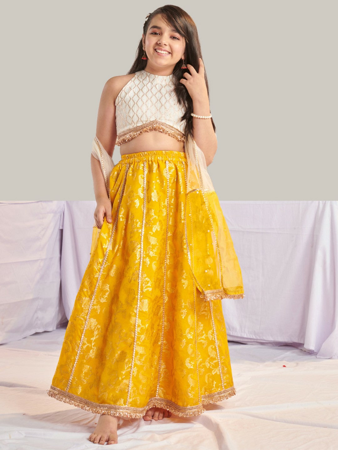 Buy Girls Yellow & White Printed Lehenga Choli with Dupatta – Ready to Wear | Indiaista