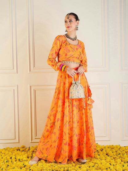 Handmade Mustard & Pink Printed Lehenga Choli – Bollywood Bridal, Wedding & Bridesmaid Wear | Indiaista