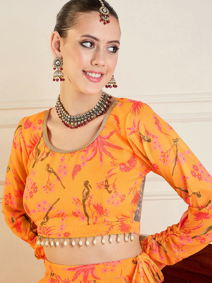 Handmade Mustard & Pink Printed Lehenga Choli – Bollywood Bridal, Wedding & Bridesmaid Wear | Indiaista