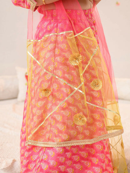 Buy Girls Magenta & Gold Printed Ready to Wear Lehenga Choli with Dupatta – Indiaista