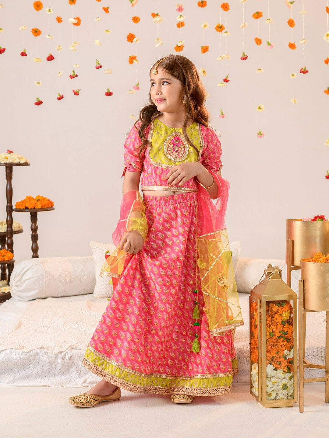 Buy Girls Magenta & Gold Printed Ready to Wear Lehenga Choli with Dupatta – Indiaista