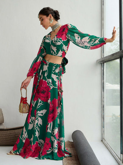 Green & Pink Printed Lehenga Choli with Gotta Patti – Bollywood Wedding, Bridal & Bridesmaid Wear | Indiaista