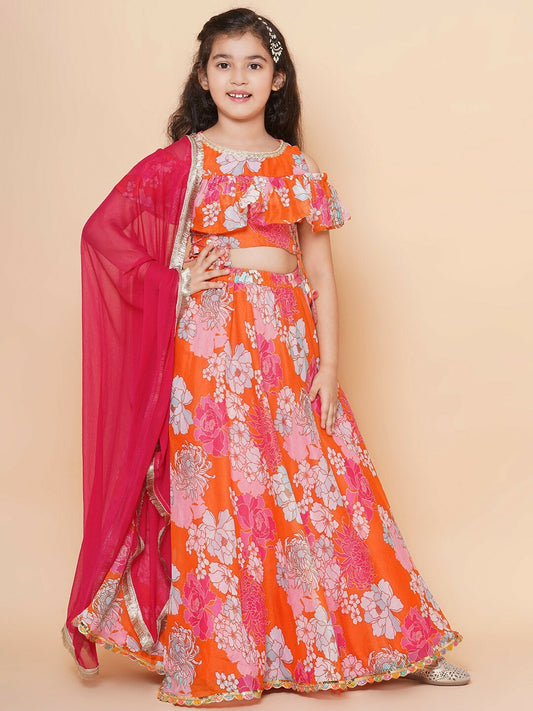 Buy Orange & White Printed Girls Lehenga Choli with Dupatta – Indiaista