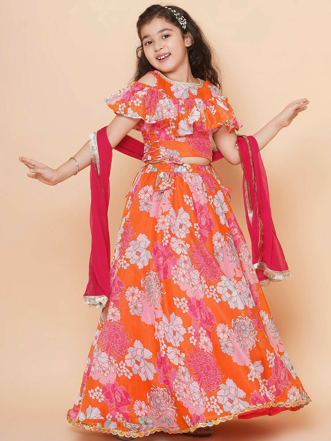 Buy Orange & White Printed Girls Lehenga Choli with Dupatta – Indiaista