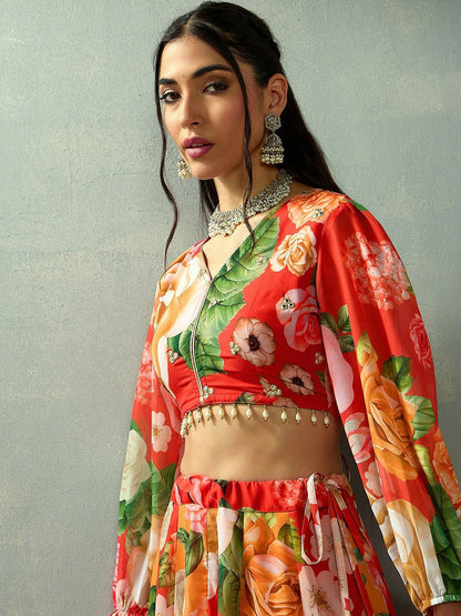 Red & Green Printed Lehenga Choli – Handmade Bollywood Bridal & Wedding Wear | Indiaista