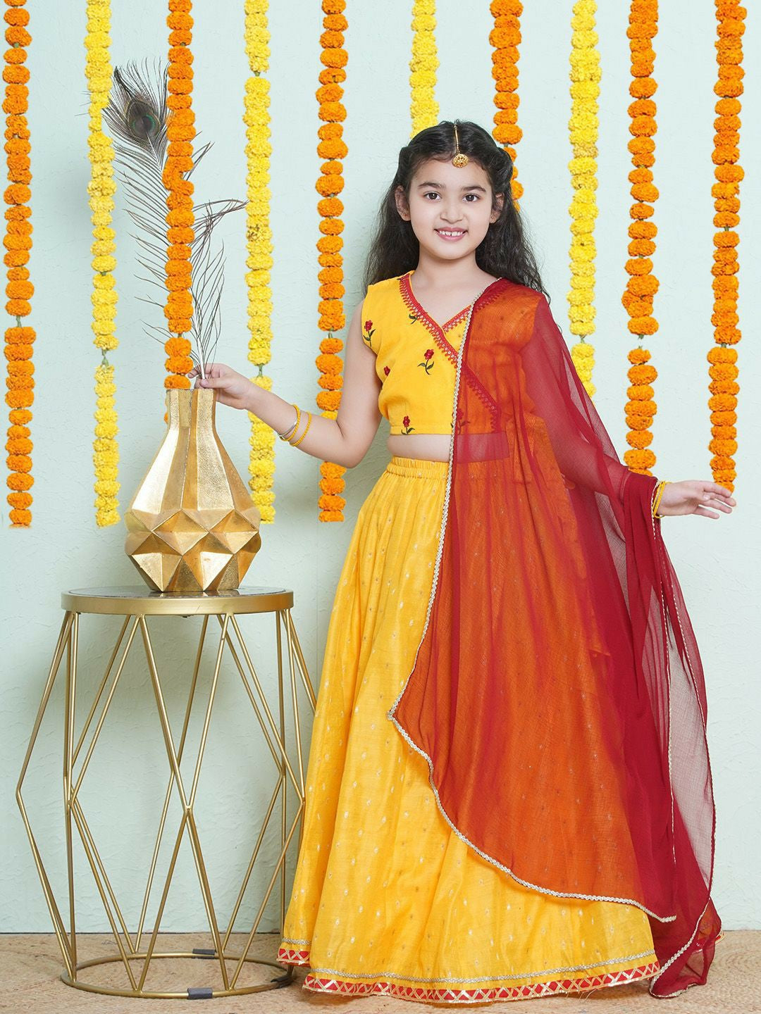 Buy Yellow & Red Embroidered Girls Lehenga Choli with Dupatta – Indiaista