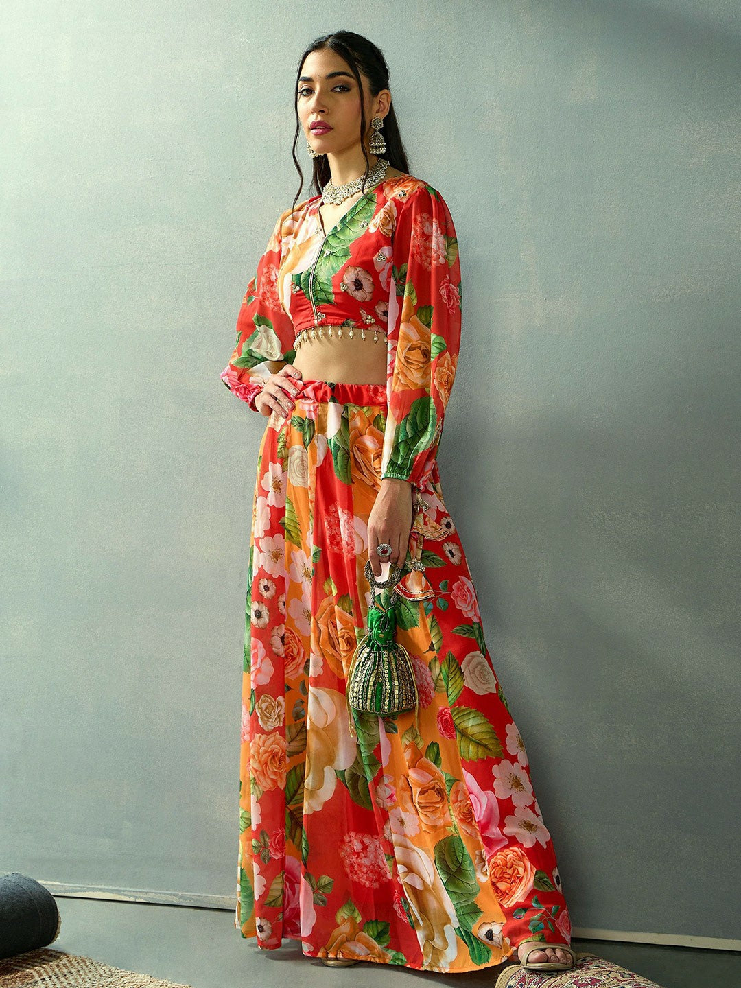 Red & Green Printed Lehenga Choli – Handmade Bollywood Bridal & Wedding Wear | Indiaista