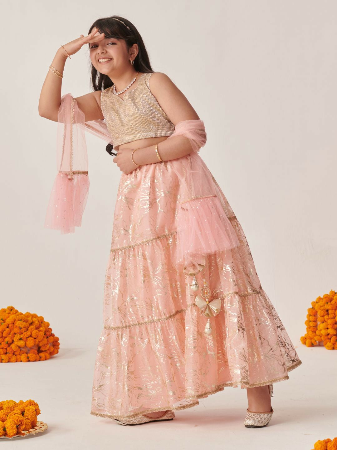 Buy Peach & Gold Printed Girls Lehenga Choli with Dupatta – Indiaista