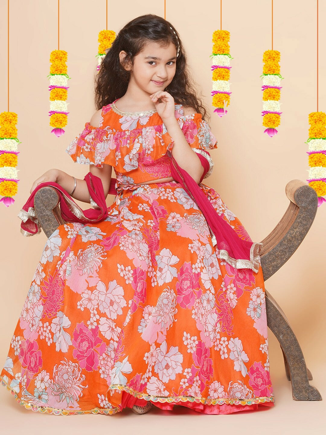 Buy Orange & White Printed Girls Lehenga Choli with Dupatta – Indiaista