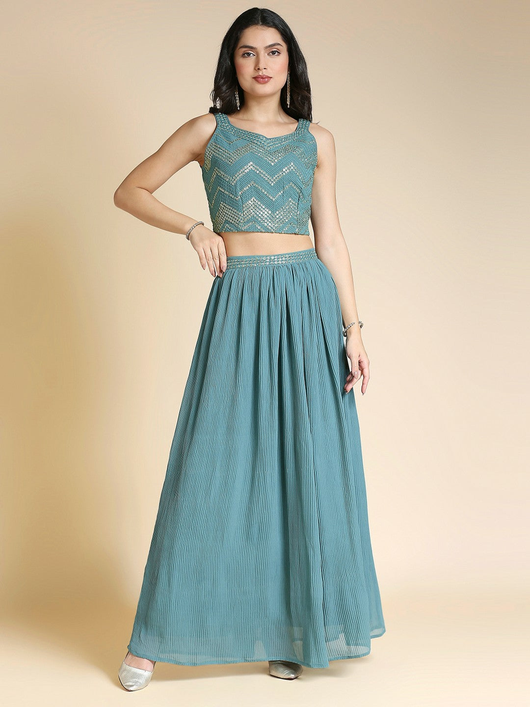 Teal & Gold Embellished Lehenga Choli with Ethnic Jacket – Bollywood Wedding & Bridal Wear | Indiaista