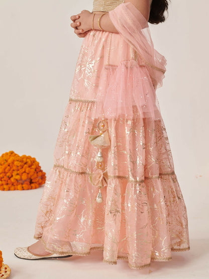 Buy Peach & Gold Printed Girls Lehenga Choli with Dupatta – Indiaista