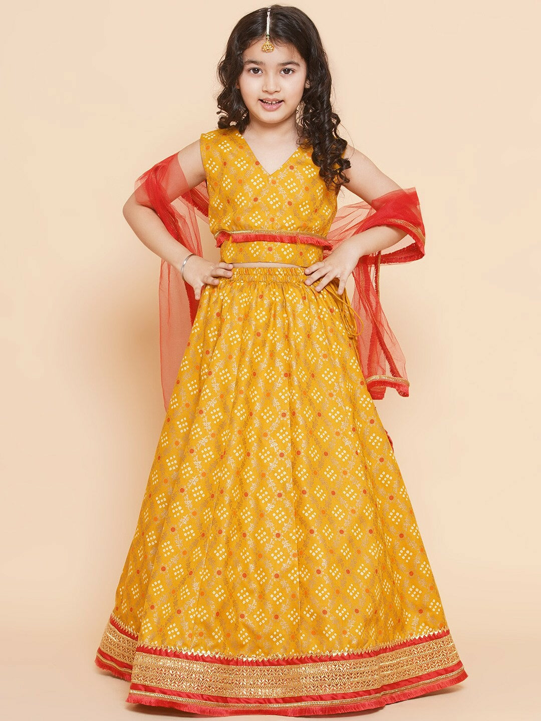 Buy Girls Bandhani Printed Gotta Patti Cotton Lehenga – Yellow & Red | Indiaista