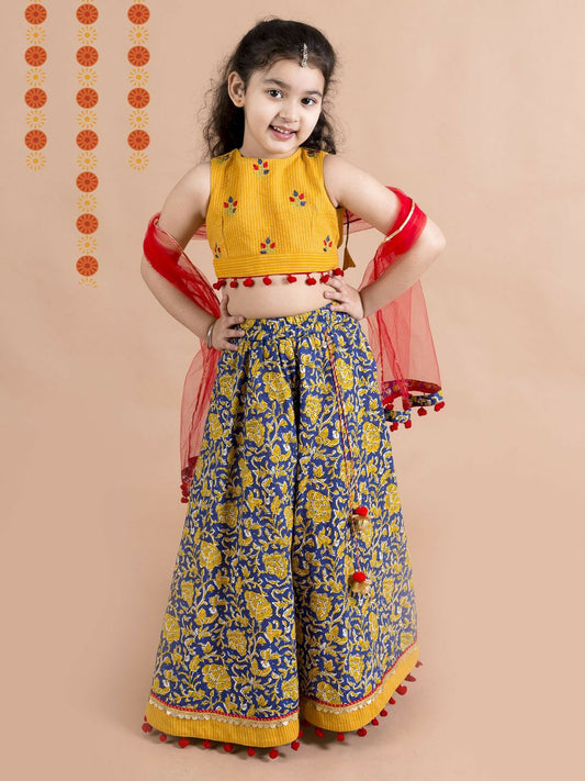 Buy Girls Navy Blue & Yellow Embroidered Lehenga Choli with Dupatta – Indiaista