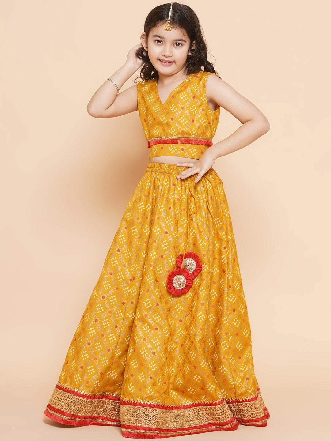 Buy Girls Bandhani Printed Gotta Patti Cotton Lehenga – Yellow & Red | Indiaista