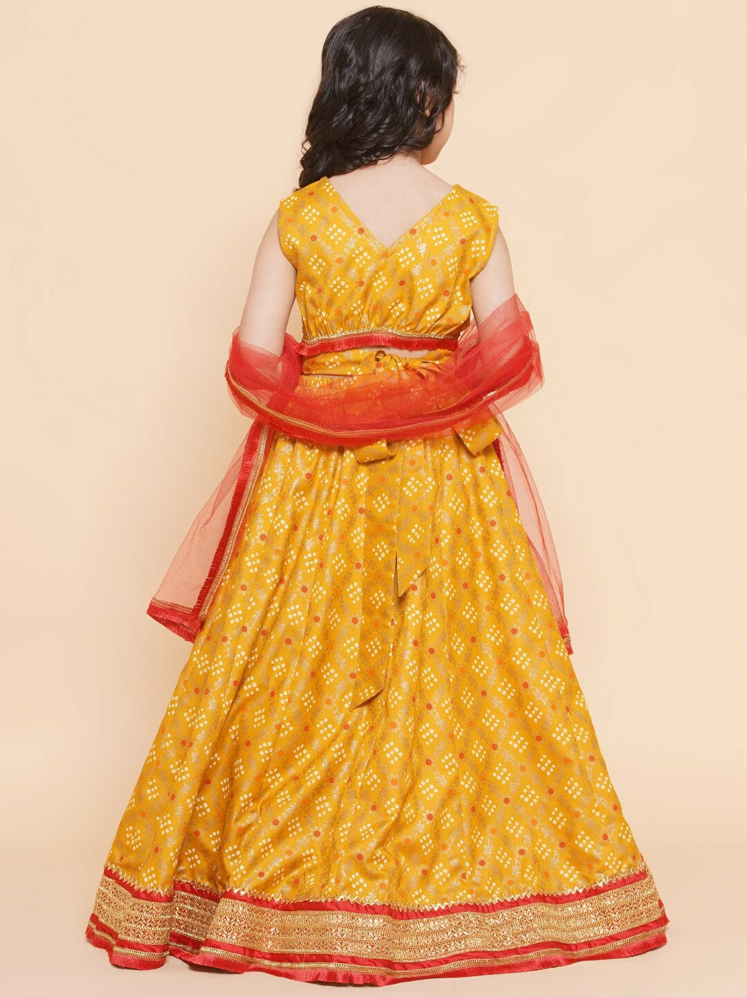 Buy Girls Bandhani Printed Gotta Patti Cotton Lehenga – Yellow & Red | Indiaista