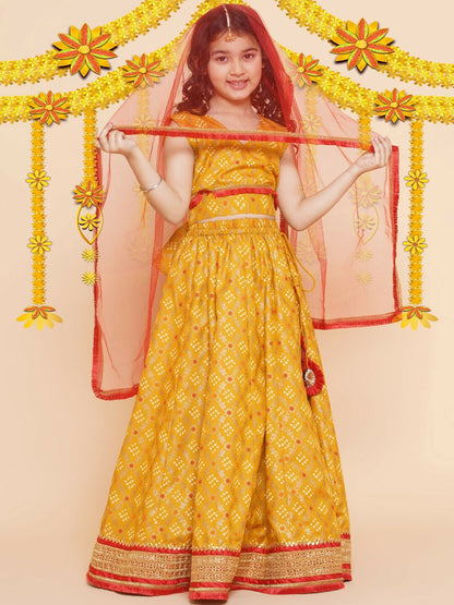 Buy Girls Bandhani Printed Gotta Patti Cotton Lehenga – Yellow & Red | Indiaista