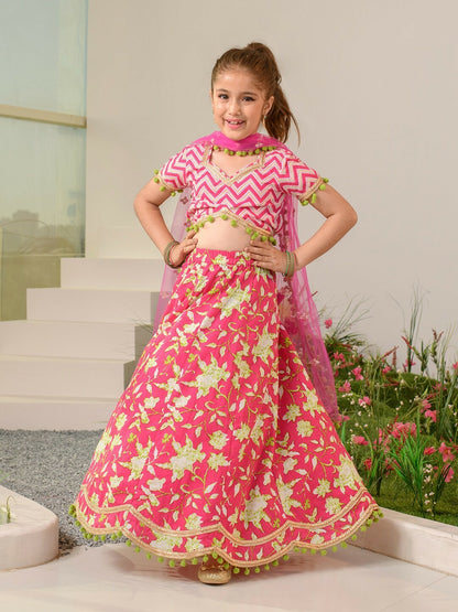 Buy Magenta & Green Printed Girls Lehenga Choli with Dupatta – Indiaista