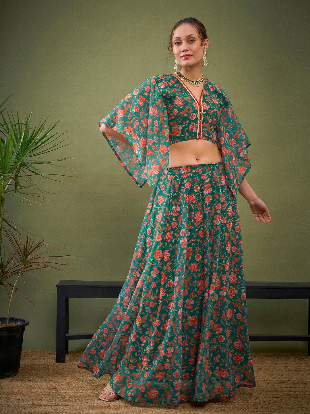 Green Floral Printed Lehenga Choli – Bollywood Wedding & Bridal Bridesmaid Outfit | Indiaista