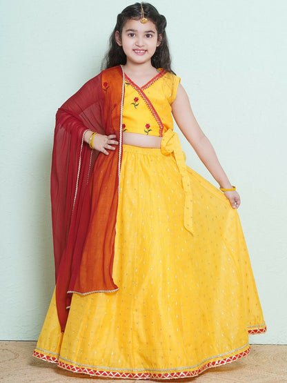 Buy Yellow & Red Embroidered Girls Lehenga Choli with Dupatta – Indiaista