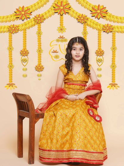 Buy Girls Bandhani Printed Gotta Patti Cotton Lehenga – Yellow & Red | Indiaista