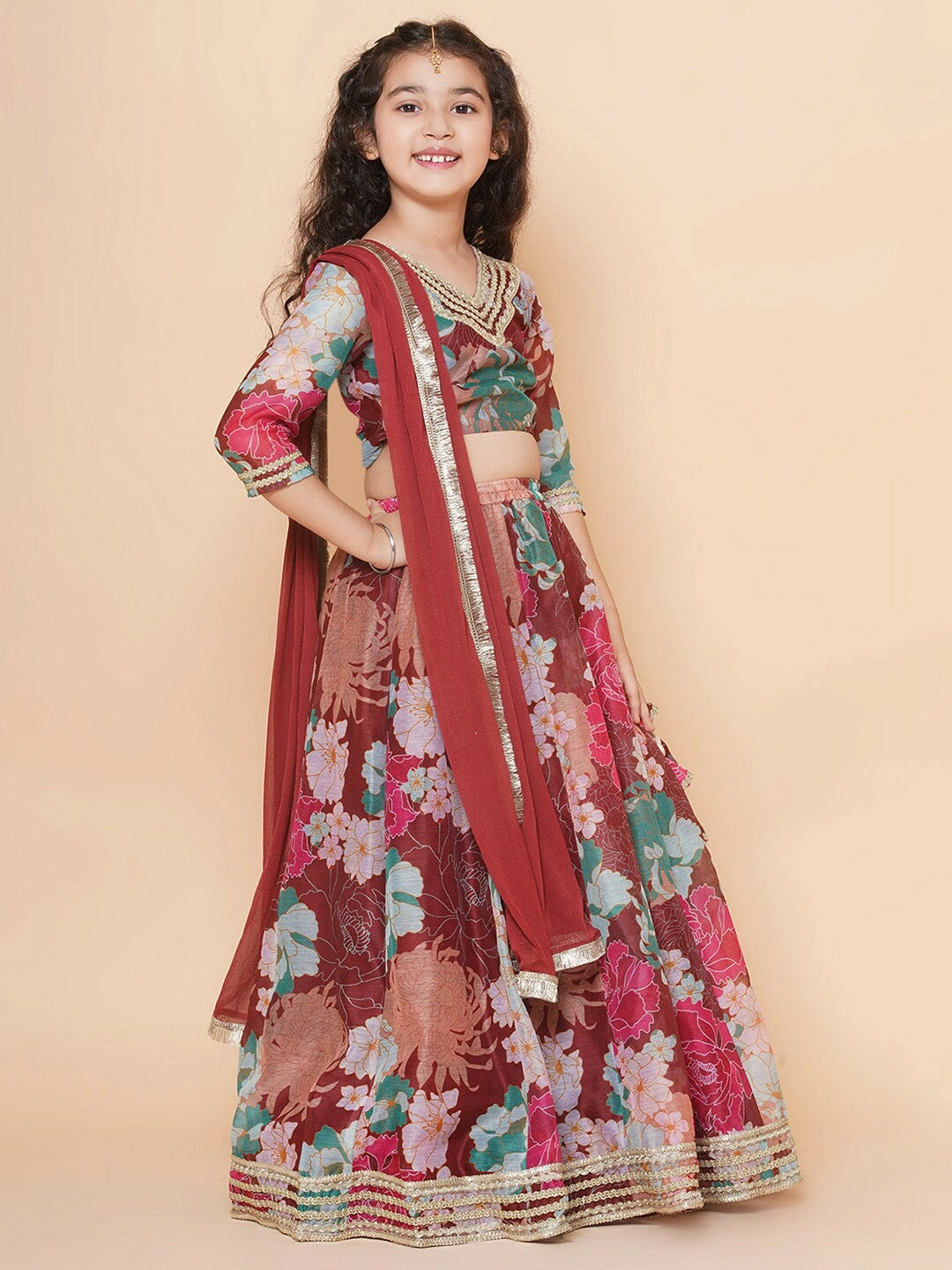 Buy Maroon & Blue Printed Girls Lehenga Choli with Dupatta - Indiaista