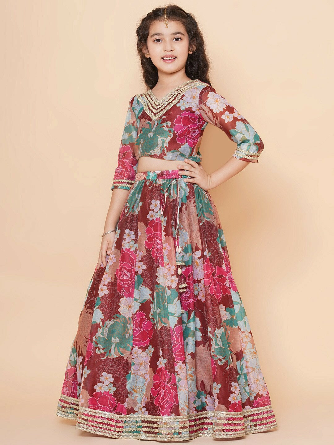 Buy Maroon & Blue Printed Girls Lehenga Choli with Dupatta - Indiaista