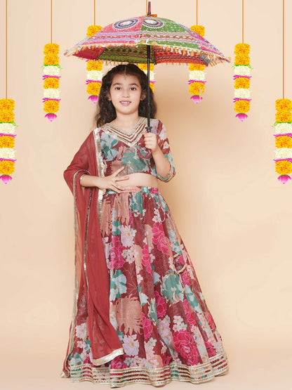 Buy Maroon & Blue Printed Girls Lehenga Choli with Dupatta - Indiaista