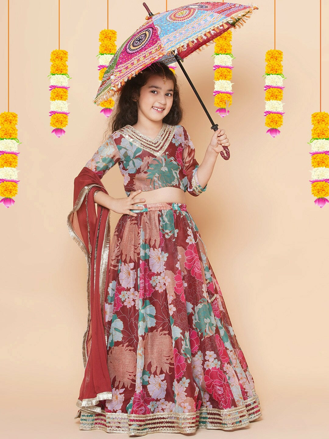 Buy Maroon & Blue Printed Girls Lehenga Choli with Dupatta - Indiaista